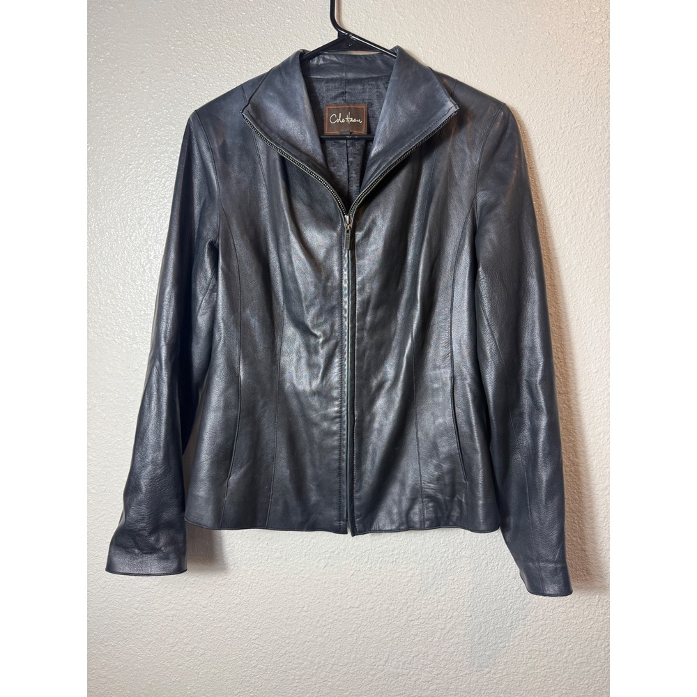 Cole Haan Genuine Lambskin Leather Jacket Black Zip Front Tailored Size 6